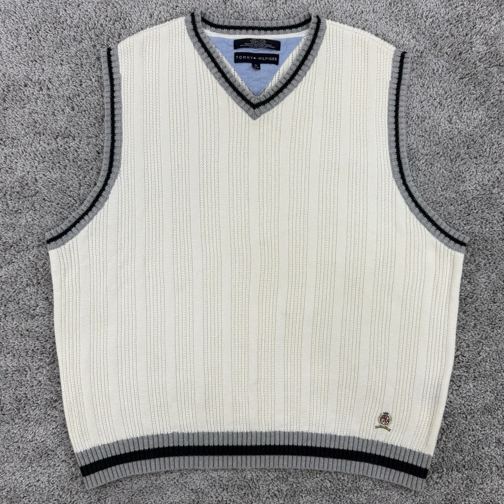 Vintage Tommy Hilfiger Sweater Vest Men's XL Tennis Cricket Cable-Knit Ribbed